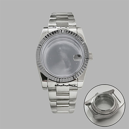 36mm stainless steel watch case and strap with transparent calendar window, compatible with NH35/36 movements.