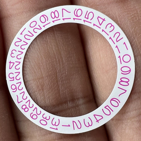 Pink character date wheel for NH35 NH36 watch movement, date window at 3 o'clock position, white background.