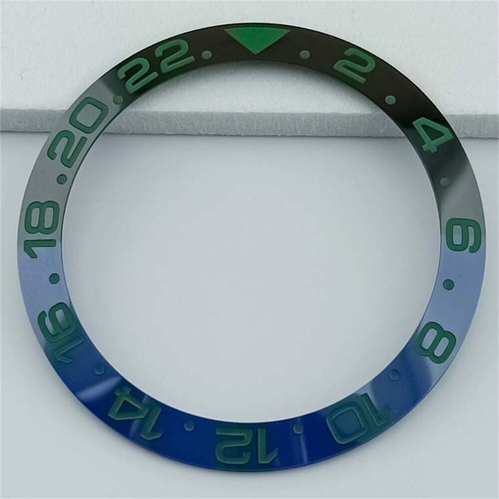 Ceramic 38mm GMT bezel ring in blue and black with green font for SUB watches, durable and stylish.