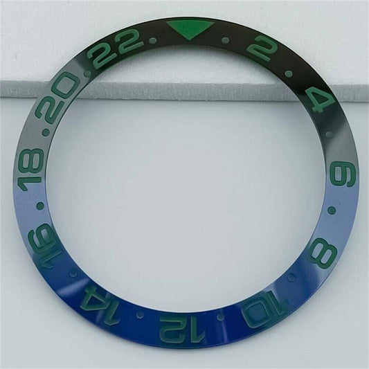Ceramic 38mm GMT bezel ring in blue and black with green font for SUB watches, durable and stylish.