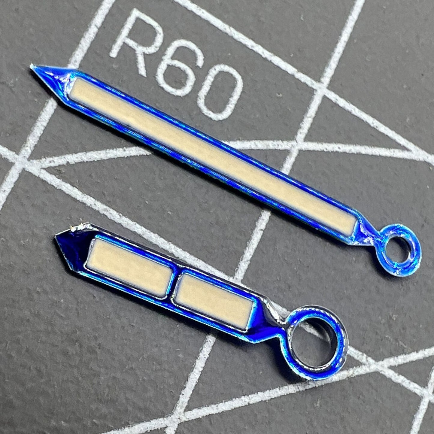 Blue-trimmed strong green lume watch hands compatible with Seagull ST3600/ST3621 and ETA 6497/6498 movements.