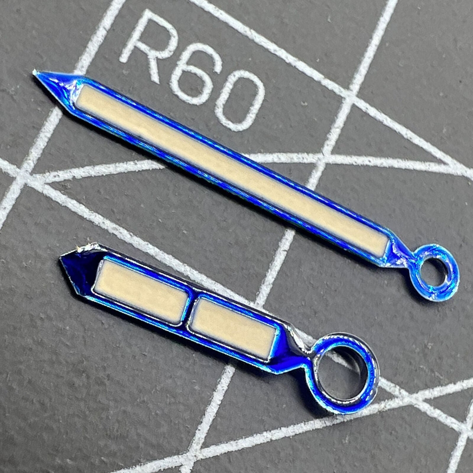 Blue-trimmed strong green lume watch hands compatible with Seagull ST3600/ST3621 and ETA 6497/6498 movements.