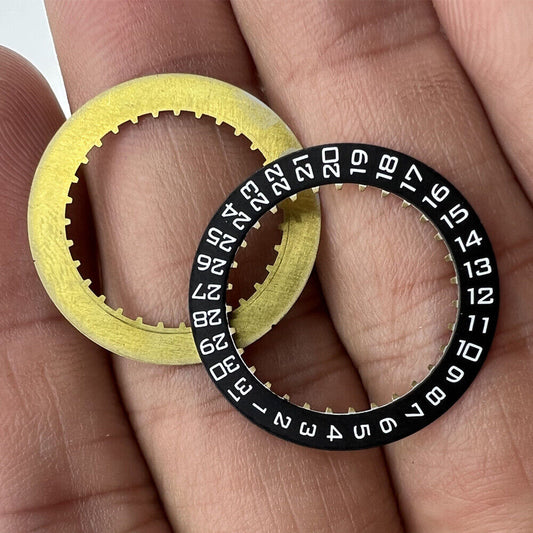 Swiss Made black date disk wheel for ETA2824 watch, positioned at 3 o'clock, precision watch part.