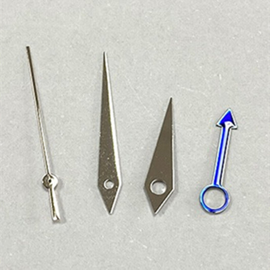 Silver and blue 14.5mm GMT watch hands for NH34 movement, four-hand design.