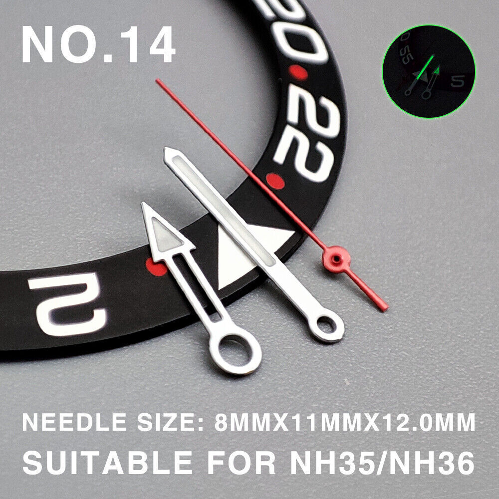 Green lume silver trim pointed arrow shape watch hands for Miyota NH35/NH36/NH38, enhancing precision and style.