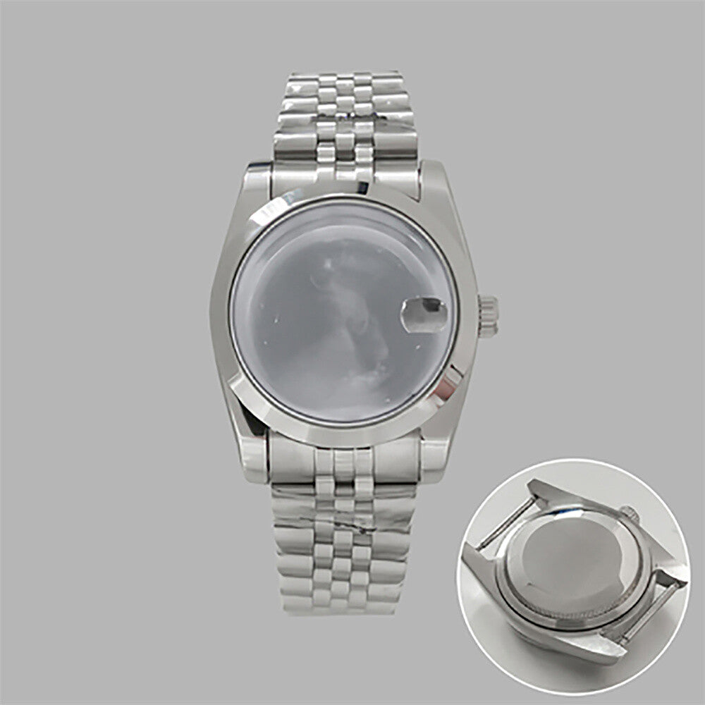 36mm stainless steel watch case and strap with transparent calendar window, compatible with NH35/36 movements.