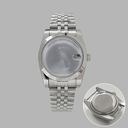 36mm stainless steel watch case and strap with transparent calendar window, compatible with NH35/36 movements.