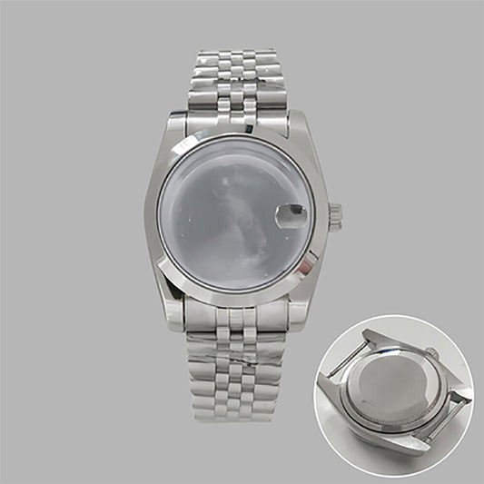 36mm stainless steel watch case and strap with transparent calendar window, compatible with NH35/36 movements.