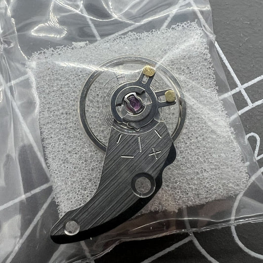 Silver watch balance wheel with splint, compatible with Miyota NH35 NH36 movements, precision replacement.