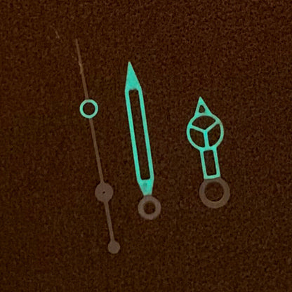 Green luminous hollow watch hands set for NH35 NH36 movement, enhancing visibility and style.
