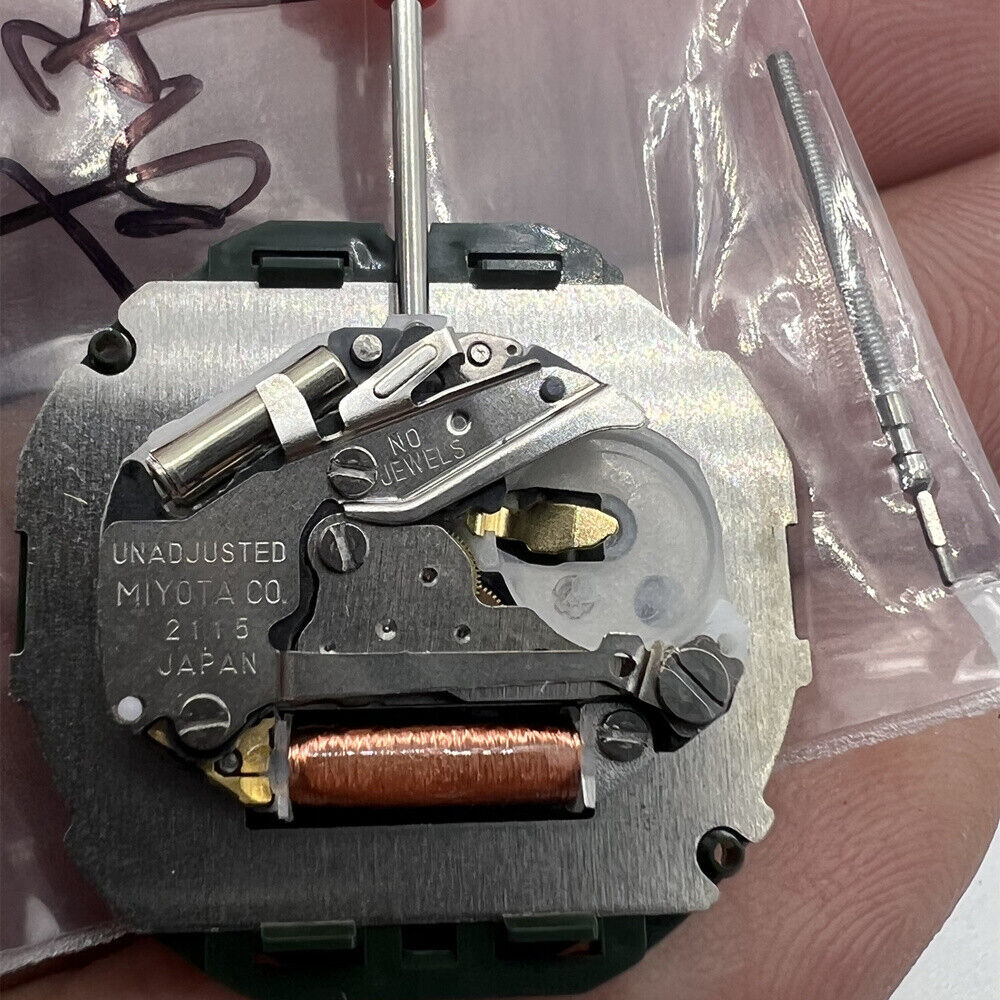 Miyota 2115 Japan quartz movement with black date disk at 3 o'clock, single calendar, and 3 hands display.
