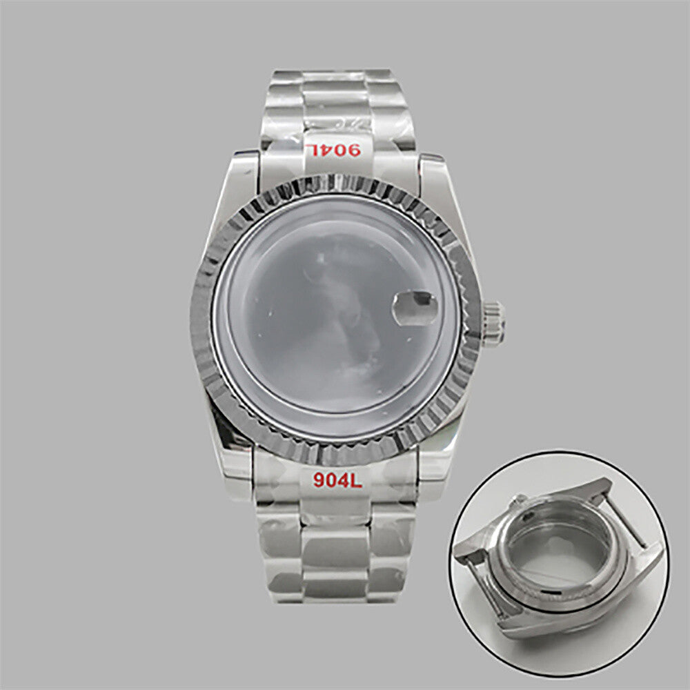 36mm stainless steel watch case and strap with transparent calendar window, compatible with NH35/36 movements.