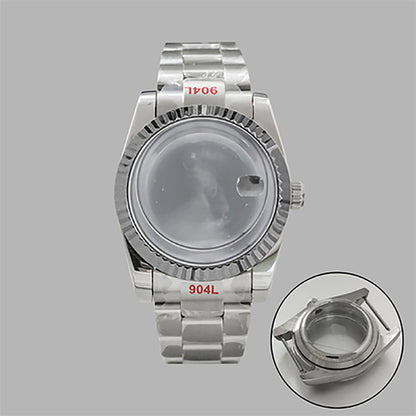 36mm stainless steel watch case and strap with transparent calendar window, compatible with NH35/36 movements.