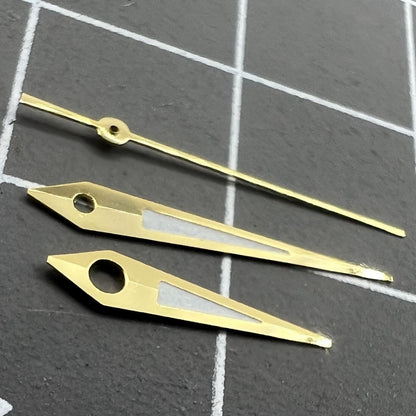 ArrowCraft 14mm golden arrow-shaped watch hands with lume, compatible with Miyota NH35/NH36/NH38 movements.