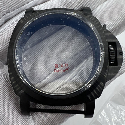 44mm black sapphire watch case with durable 316L steel, fits Seagull ST3600/ST3621 & ETA6497/6498 movements.