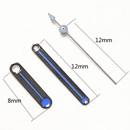 Aiguilles de montre à pointe ronde de 12 mm, garniture noire et peintes en bleu, pour mouvement à quartz Ronda 515