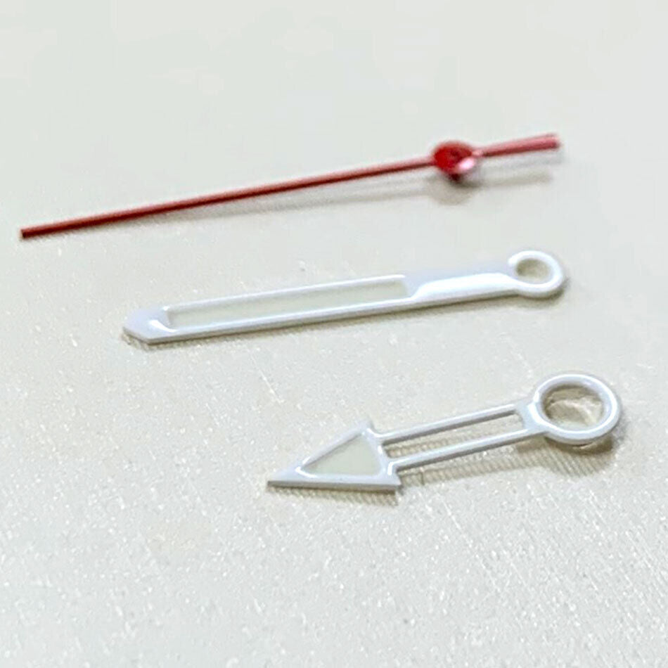 White and red hollow watch hands set for NH35/NH36 movement, precise accessory for custom watches.