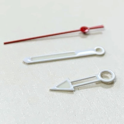 White and red hollow watch hands set for NH35/NH36 movement, precise accessory for custom watches.