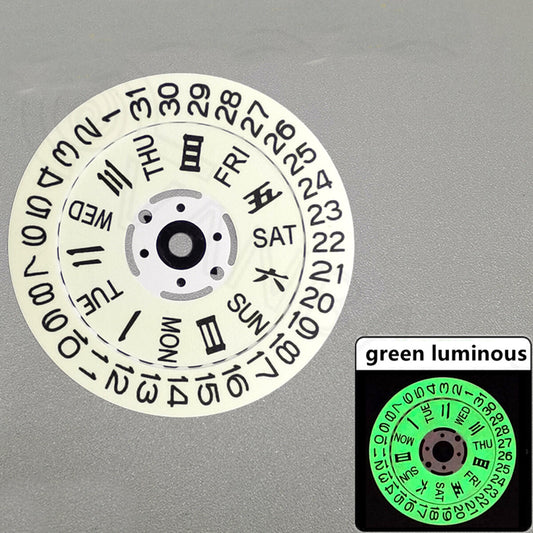 White date and week disk wheels with green lume for Seiko NH36 movement, improving dial readability and style.