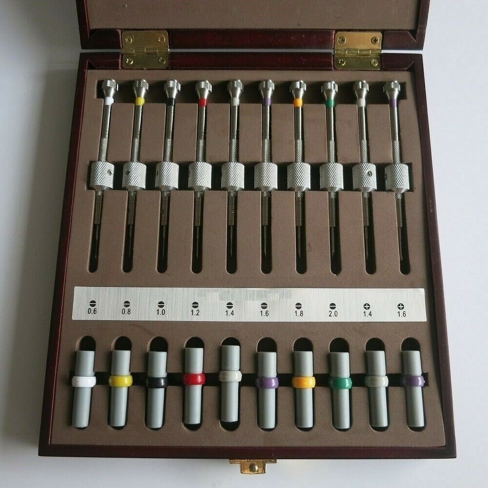 Watch Repair Set of 10 Screwdrivers with Weight Sleeves in Wooden Box
