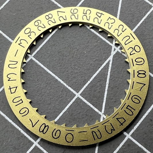 Golden date disk wheel with vintage numeral font for Miyota 8215 watch movement, precise replacement part.