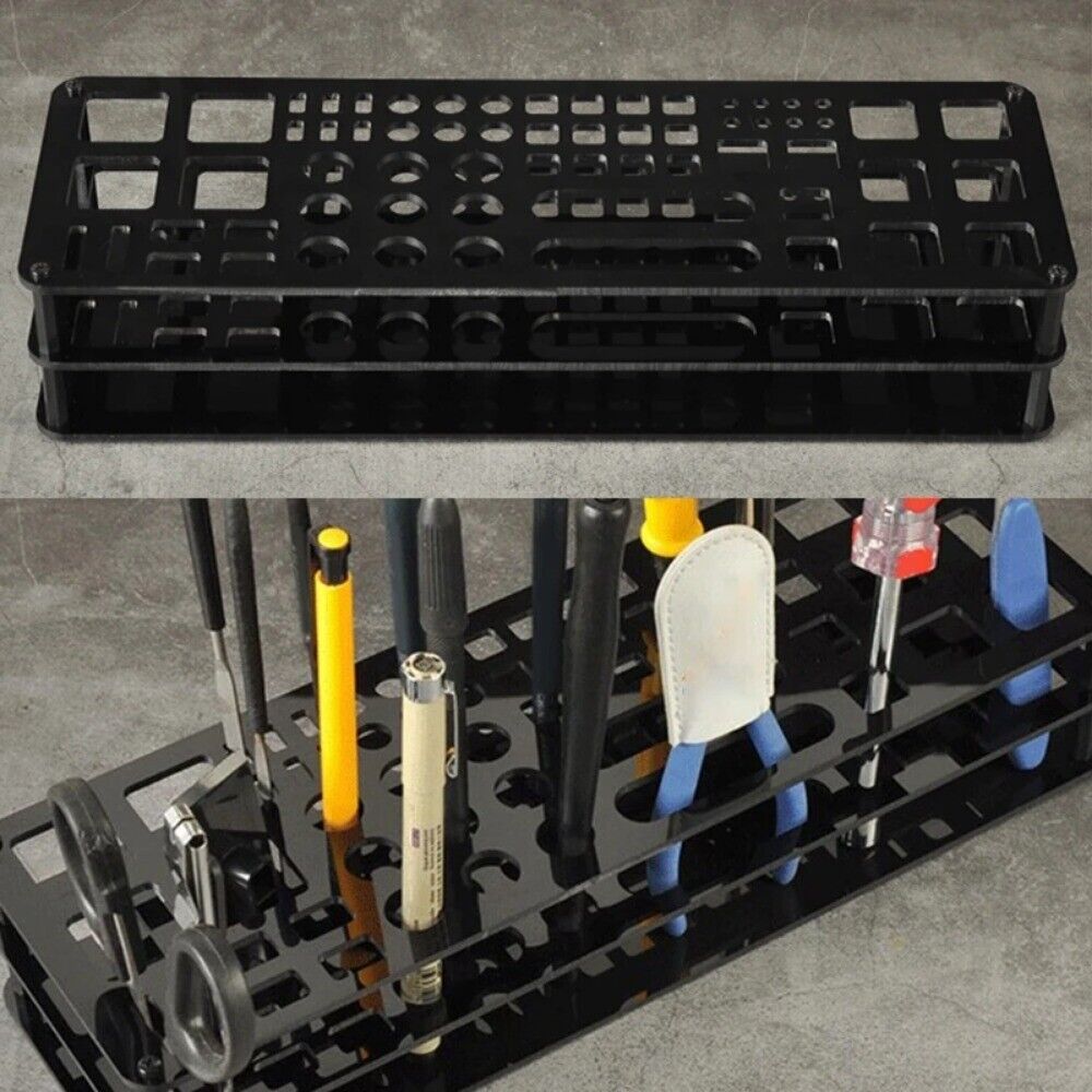 Multi-functional tool stand organizing screwdrivers and storage racks for efficient workspace management.