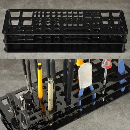 Multi-functional tool stand organizing screwdrivers and storage racks for efficient workspace management.