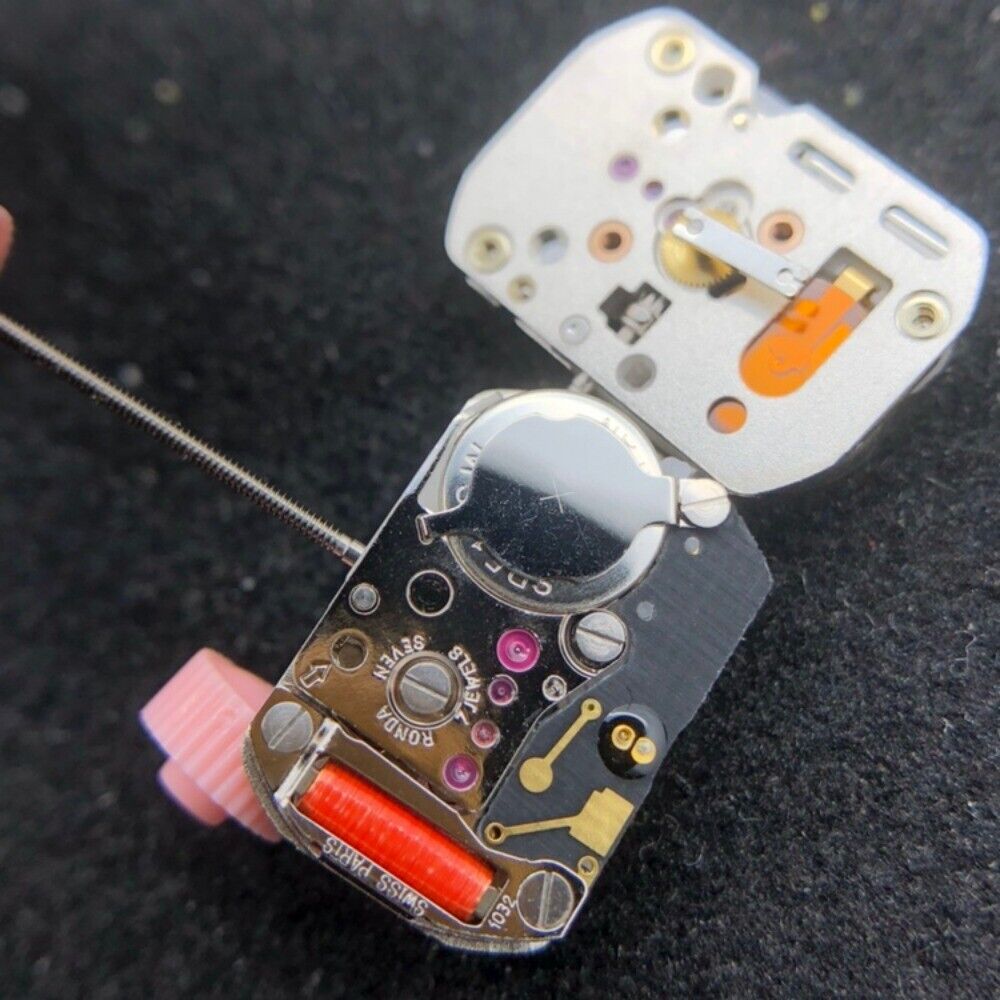 Ronda 1032 quartz watch movement with Swiss components for accurate and durable timekeeping.