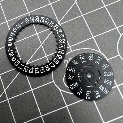 Blue Lume black date and week disk wheel for NH36 movement, enhancing precision in Seiko watch accessories.