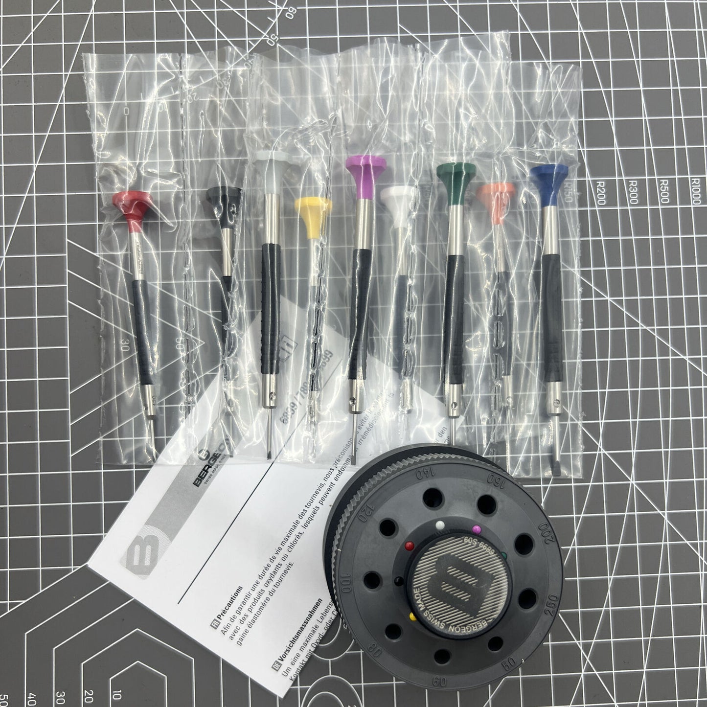 Bergeon 6899-S09 ergonomic stainless steel 9-piece watch repair screwdriver set for precision tasks.