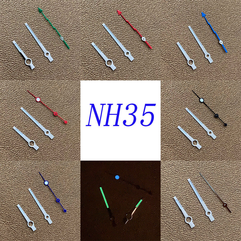 Green luminous watch hands set with lightening-style second hand for NH35 NH36 movement, enhanced visibility.