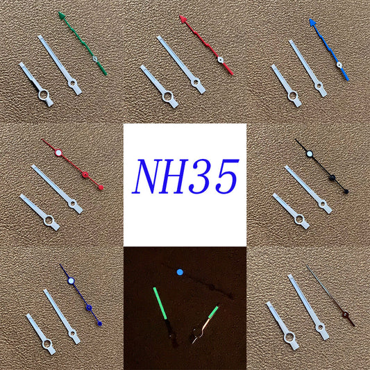 Green luminous watch hands set with lightening-style second hand for NH35 NH36 movement, enhanced visibility.