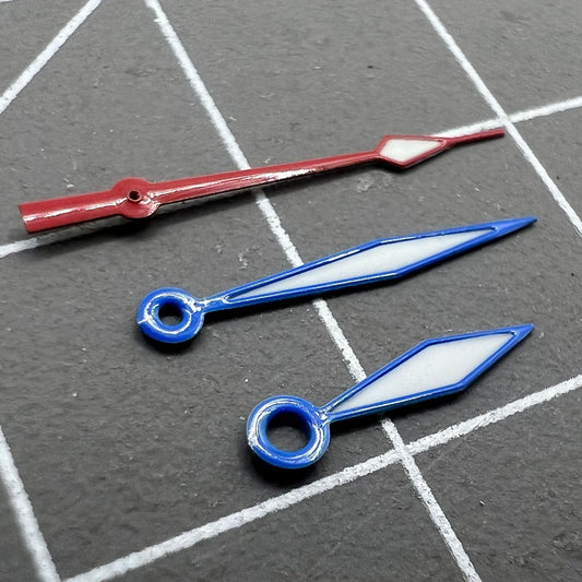 Diamond-shaped blue luminous watch hands with red trim, compatible with Ronda 515 quartz movement, brand name included.