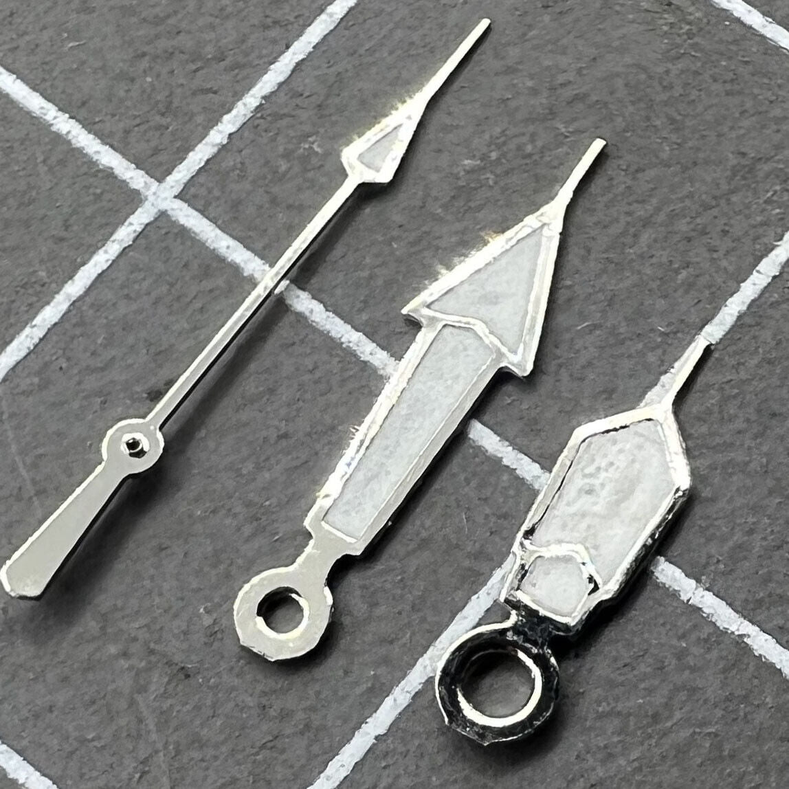 Green luminescent 15mm watch hands with silver trim for Miyota 2035 and related movements.