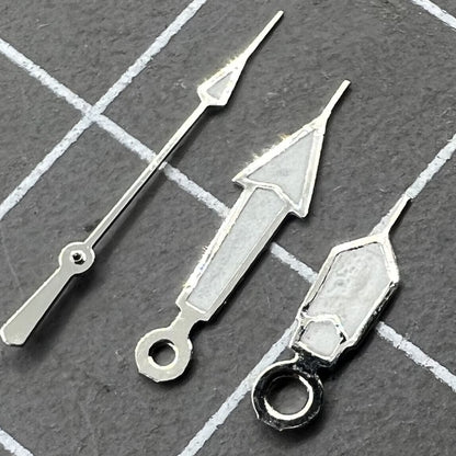 Green luminescent 15mm watch hands with silver trim for Miyota 2035 and related movements.