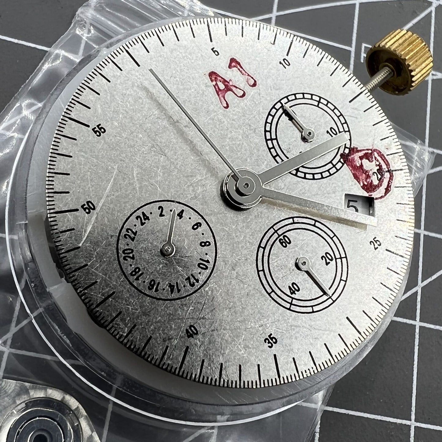 Automatic chronograph watch with ETA 7753 movement and small second dial at 6 o?clock.