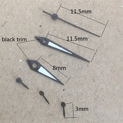 Black 11.5mm arrow-shaped watch hand with trim for Epson VX3J VX9J VX7J VX3N VX9N VX42 models.