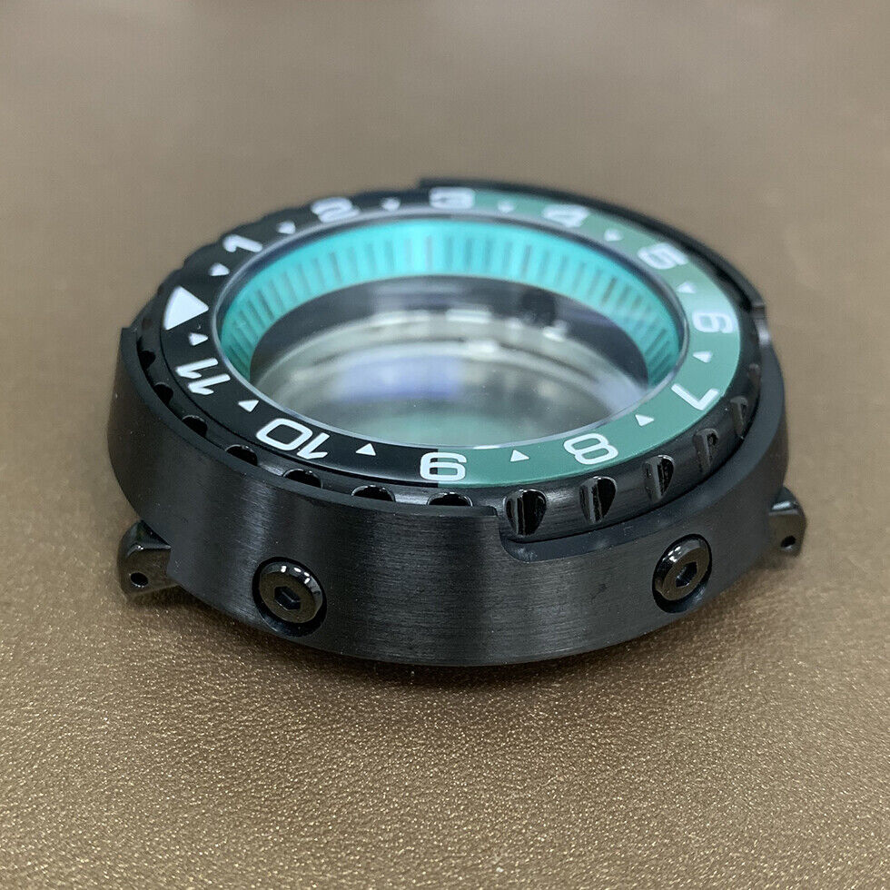45mm PVD black stainless steel watch case with ceramic ring and mineral glass for NH35 movement, durable and sleek design.