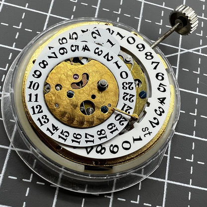 Multifunctional automatic watch with mechanical movement, date at 2 o'clock, and 24-hour digital dial.