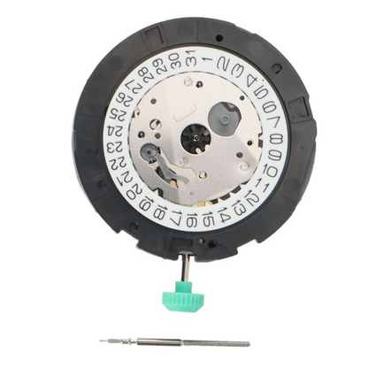 Miyota OS20 quartz watch movement with date display at 3 o'clock, Japan-made precision for watch repairs.
