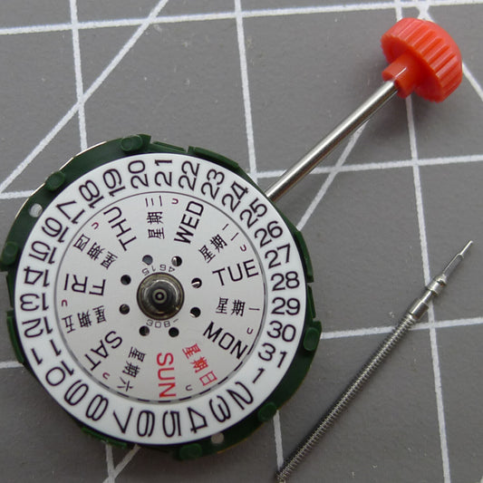 Japan-made Miyota/Citizen 2005 quartz movement with day-date function and watch stem for precise timekeeping.