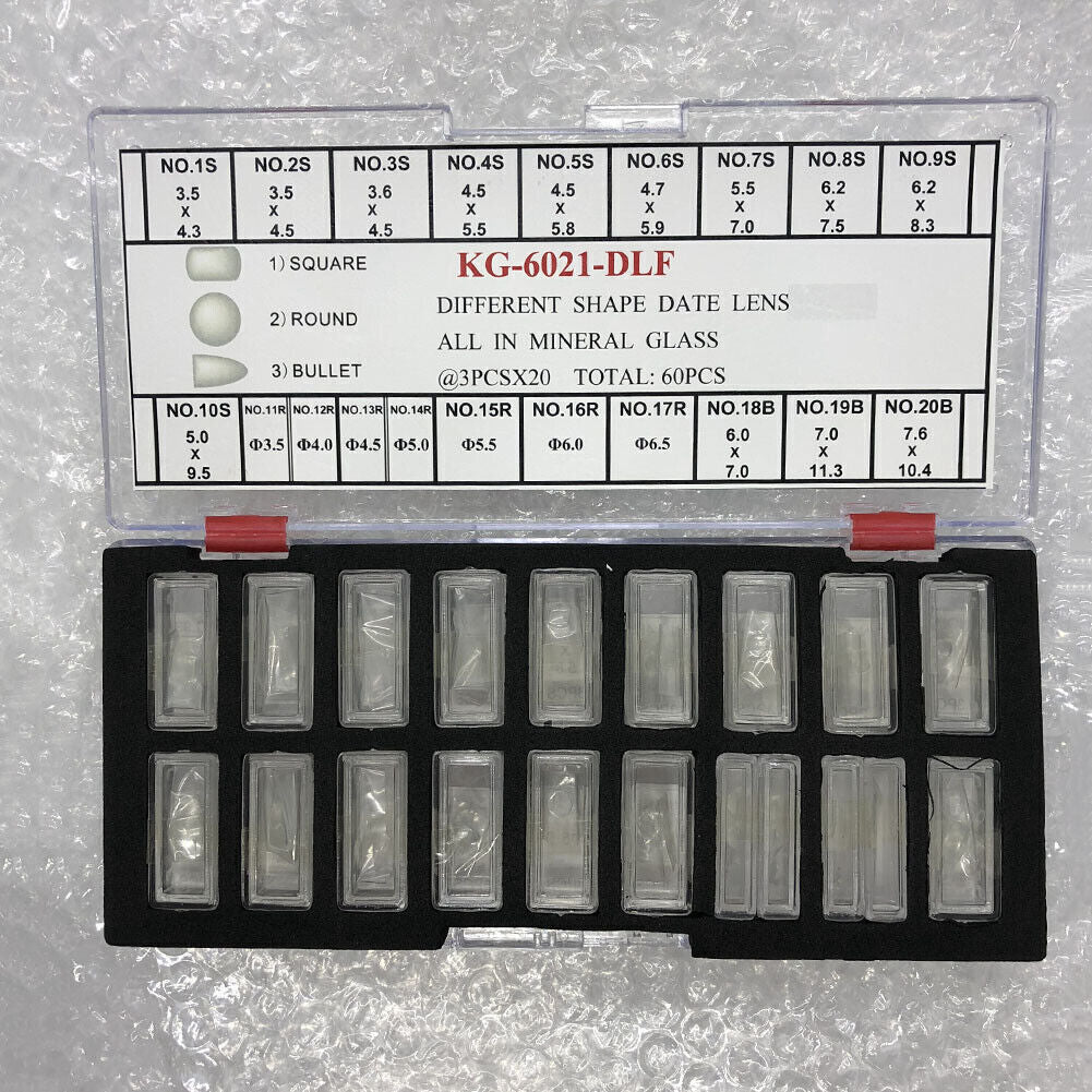 KG-6021-DLF mineral glass date lenses in various shapes, 3 sizes, 60PCS/box for watch accessories.