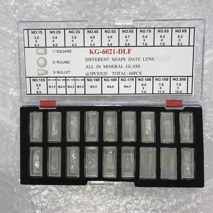 KG-6021-DLF mineral glass date lenses in various shapes, 3 sizes, 60PCS/box for watch accessories.