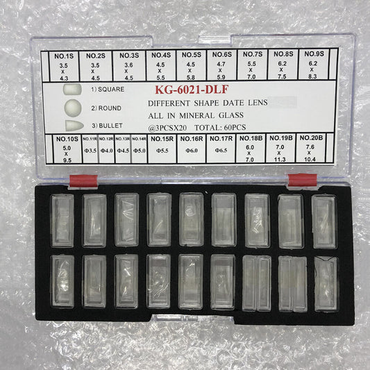 KG-6021-DLF mineral glass date lenses in various shapes, 3 sizes, 60PCS/box for watch accessories.