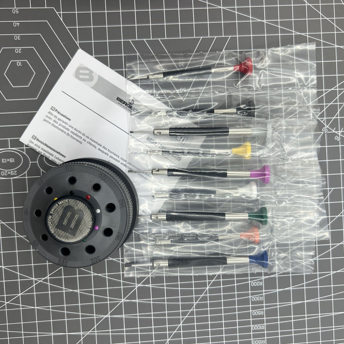 Bergeon 6899-S09 Swiss Made stainless steel 9-piece ergonomic screwdriver set for watch repair.