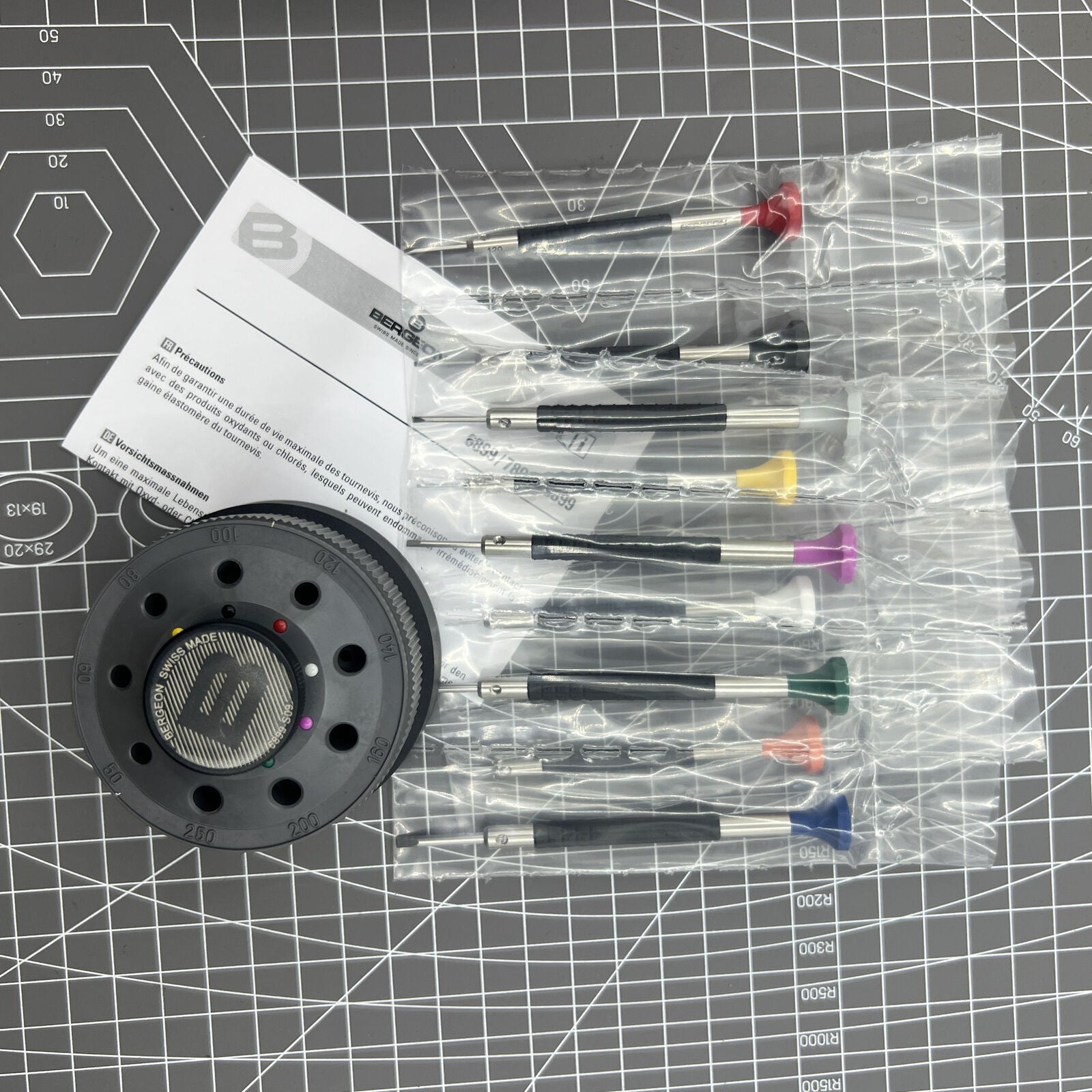 Bergeon 6899-S09 Swiss Made stainless steel 9-piece ergonomic screwdriver set for watch repair.