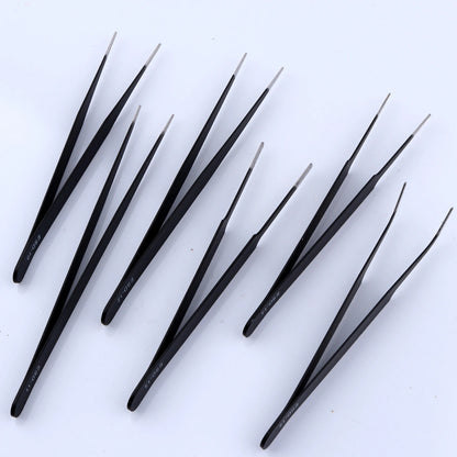 6pcs Anti-static S/S Black Plating Tweezers+PVC Bag for Watch Jewelry Repair