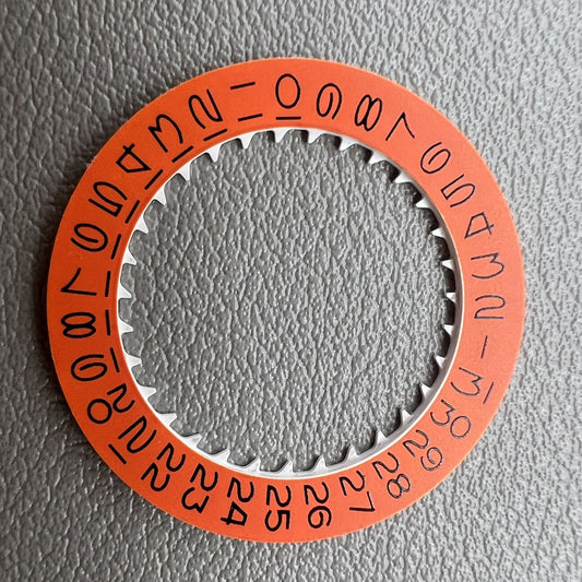 Vintage orange date wheel disk for NH35 NH36 watch movement, enhancing classic timepiece accuracy.