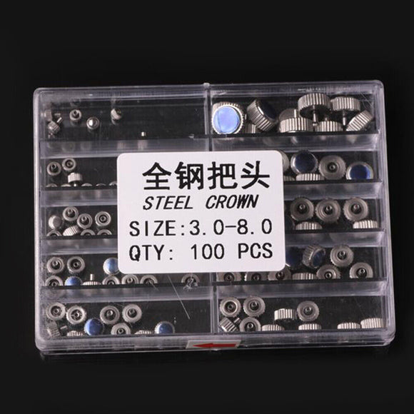 100pcs Steel Stainless Watch Crowns Different Sizes 3.0-8.0mm for Watch Repair