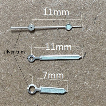 Aiguilles de montre lumineuses vertes avec garniture argentée de 11 mm pour mouvement Miyota 1M12